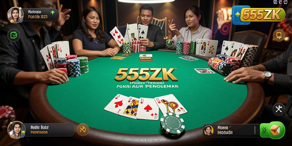 Tampilan utama <strong>555ZK</strong> menampilkan pemain yang beraksi dalam permainan Poker.