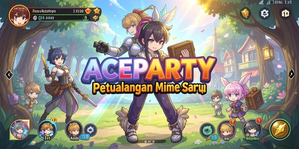 Tangkapan layar utama ACEPARTY menampilkan aksi seru dalam dunia anime.