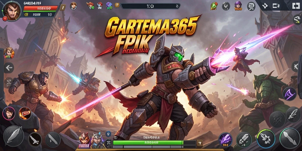 Screenshot utama GARUDA365 menampilkan pertempuran seru antar karakter di arena.