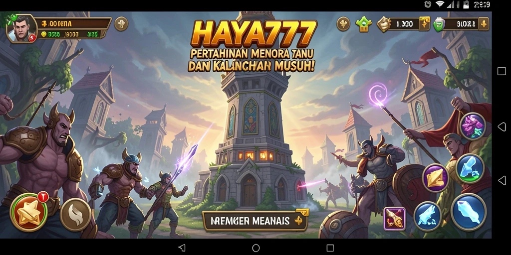 Tangkapan layar HAYA777 menunjukkan aksi menara pertahanan melawan gelombang musuh.