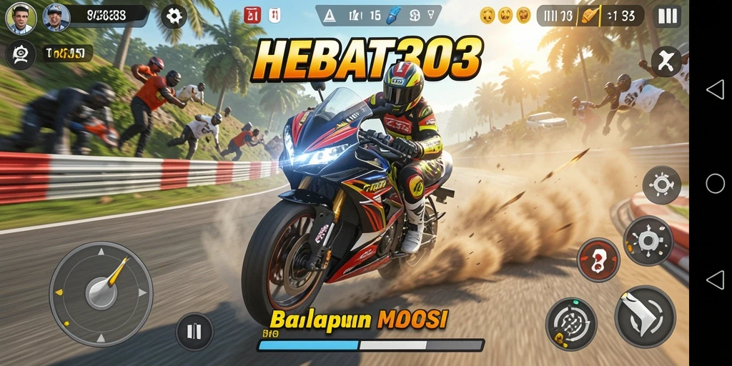 Tampilan gameplay HEBAT303 saat balapan motor epik.