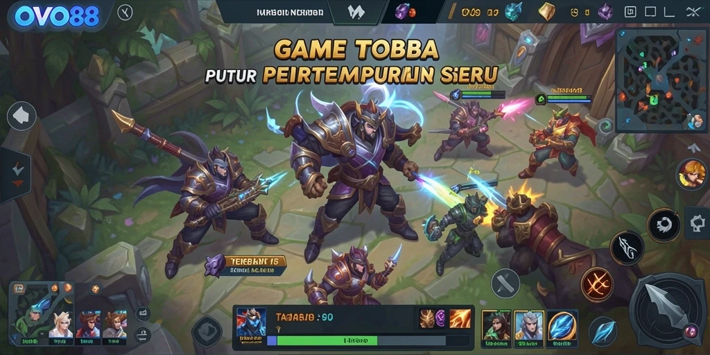 Screenshot gameplay OVO88 menunjukkan aksi pertempuran seru di arena MOBA.