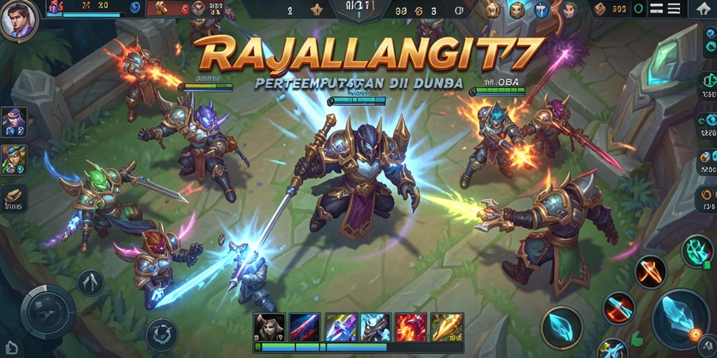 Screenshot menunjukkan aksi seru dan strategis dalam permainan MOBA RAJALANGIT77.